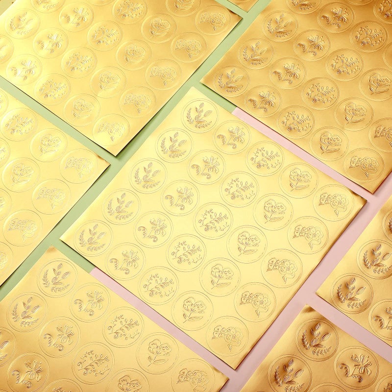 Chinco 500 Pieces Gold Embossed Envelope Seals Stickers Adhesive Seal Stickers Vintage Embossed Foil Certificate Kit Plant DIY Labels for Wedding Invitations Envelopes  5 Patterns(Flower Style) - Image 3